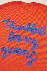 Vitality Orange Thankful for my queens Ribbed Knit Drop Shoulder Graphic Sweater Sweaters JT's Designer Fashion
