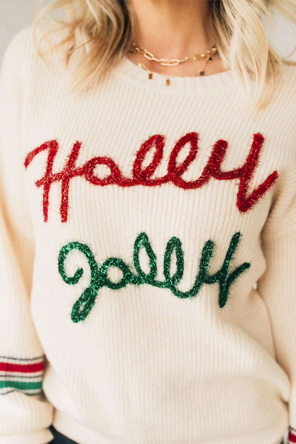 Beige Tinsel Holly Jolly Graphic Classic Sweater Sweaters JT's Designer Fashion