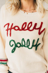 Beige Tinsel Holly Jolly Graphic Classic Sweater Sweaters JT's Designer Fashion