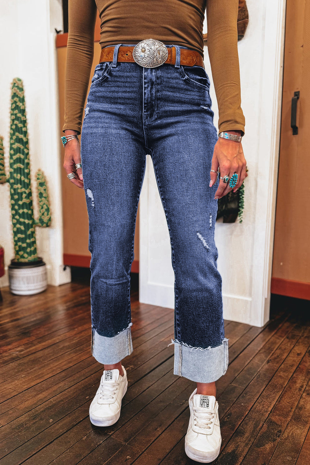Real Teal Folded Cuffs Distressed Straight High Waist Jeans Real Teal 71.5%Cotton+25%Polyester+2%Viscose+1.5%Elastane Jeans JT's Designer Fashion