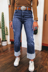 Real Teal Folded Cuffs Distressed Straight High Waist Jeans Real Teal 71.5%Cotton+25%Polyester+2%Viscose+1.5%Elastane Jeans JT's Designer Fashion