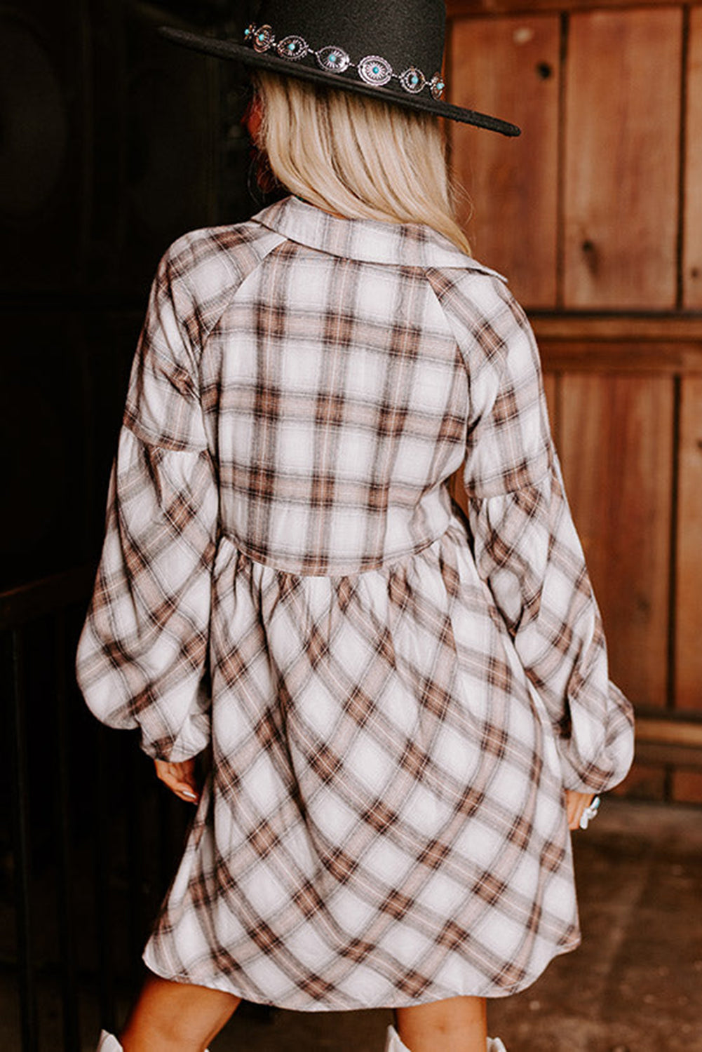 White Plaid Bubble Sleeve Flowy Shirt Dress Mini Dresses JT's Designer Fashion