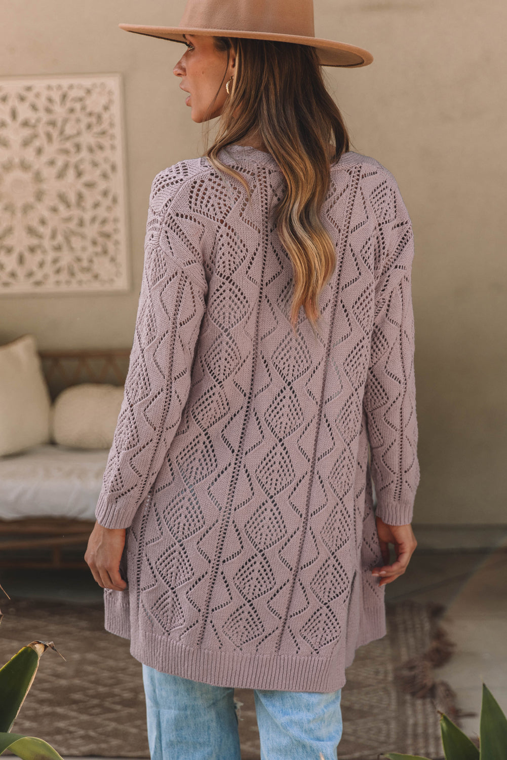 Purple Hollow-out Openwork Knit Cardigan Cardigans JT's Designer Fashion