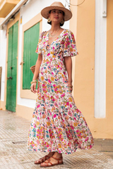 Red Floral Short Sleeve V Neck High Waist Maxi Dress Floral Dresses JT's Designer Fashion