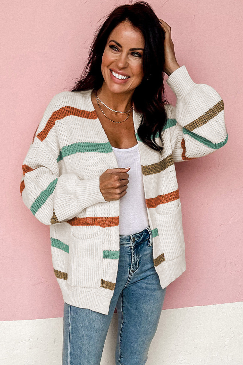 Beige Drop Shoulder Pocketed Stripe Sweater Cardigan Sweaters & Cardigans JT's Designer Fashion