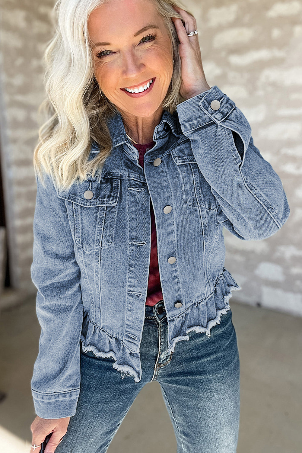 Beau Blue Ruffle Raw Hem Flap Pockets Denim Jacket Denim Jackets JT's Designer Fashion