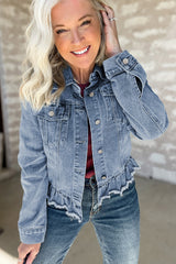 Beau Blue Ruffle Raw Hem Flap Pockets Denim Jacket Denim Jackets JT's Designer Fashion