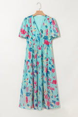 Sky Blue Abstract Print Short Puff Sleeve Tiered Long Dress Maxi Dresses JT's Designer Fashion