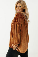 Chestnut Plus Size Velvet Chest Pocket Drop Shoulder Shirt Plus Size Blouses & Shirts JT's Designer Fashion