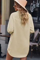 Beige Corduroy Shirt Style Full Button Long Sleeve Shift Mini Dress Mini Dresses JT's Designer Fashion