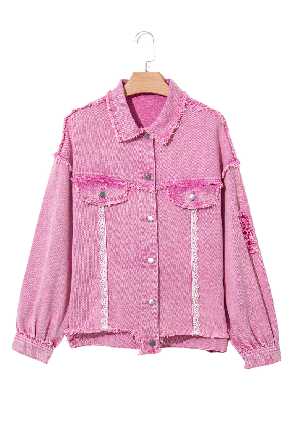 Pink Lace Patchwork Distressed Buttoned Denim Jacket Denim Jackets JT's Designer Fashion