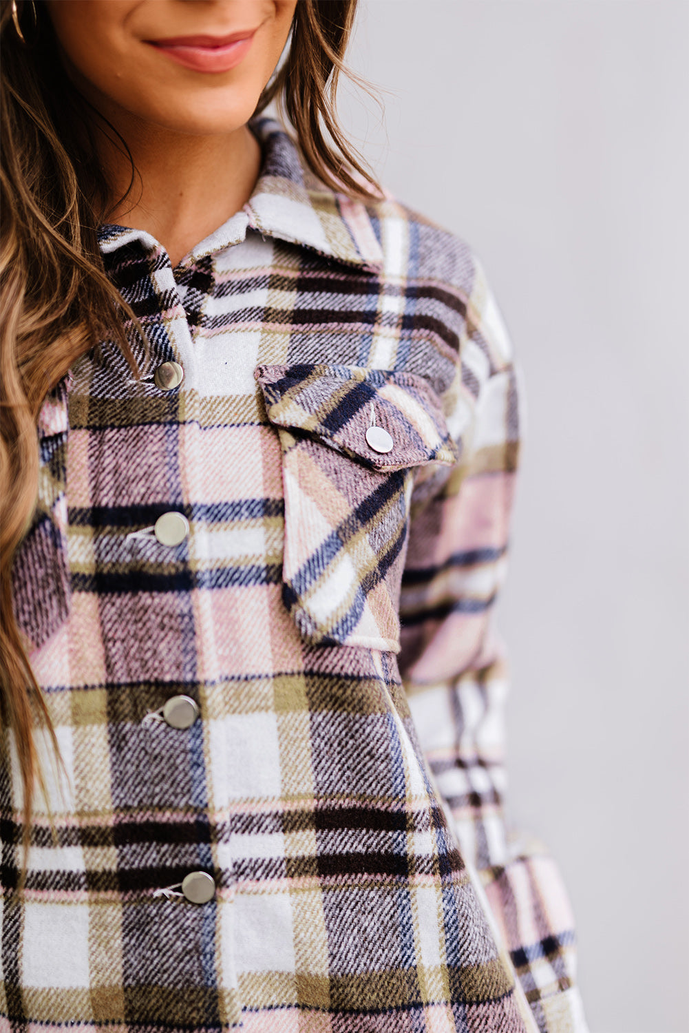 Pink Geometric Plaid Print Pocketed Shacket Plaid Shackets JT's Designer Fashion
