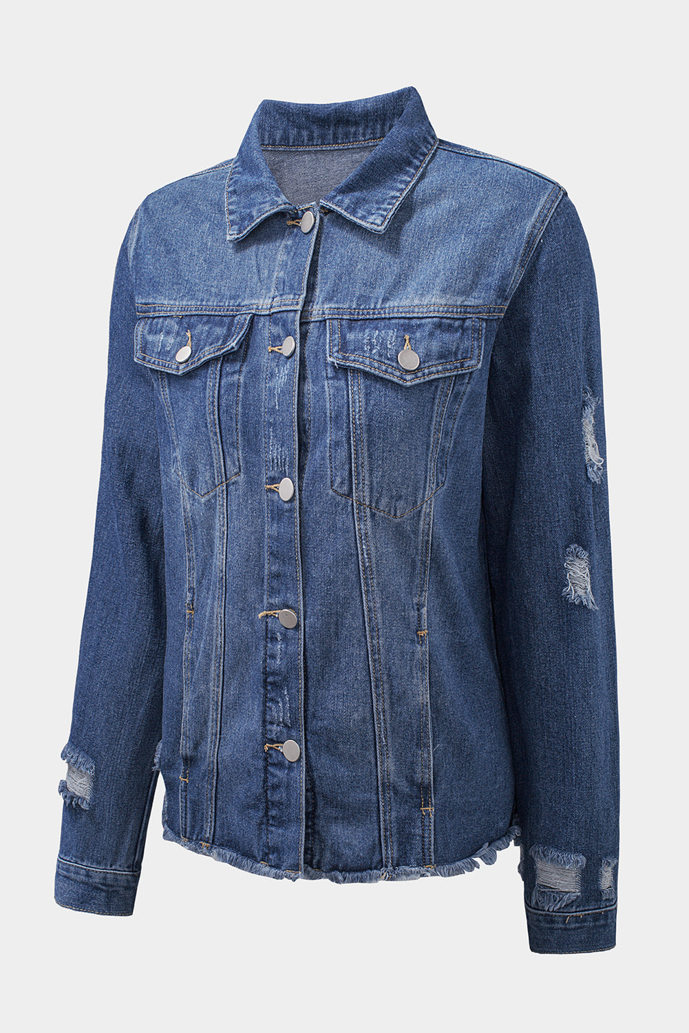 Blue Lapel Distressed Raw Hem Buttons Denim Jacket Denim Jackets JT's Designer Fashion