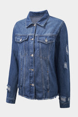 Blue Lapel Distressed Raw Hem Buttons Denim Jacket Denim Jackets JT's Designer Fashion