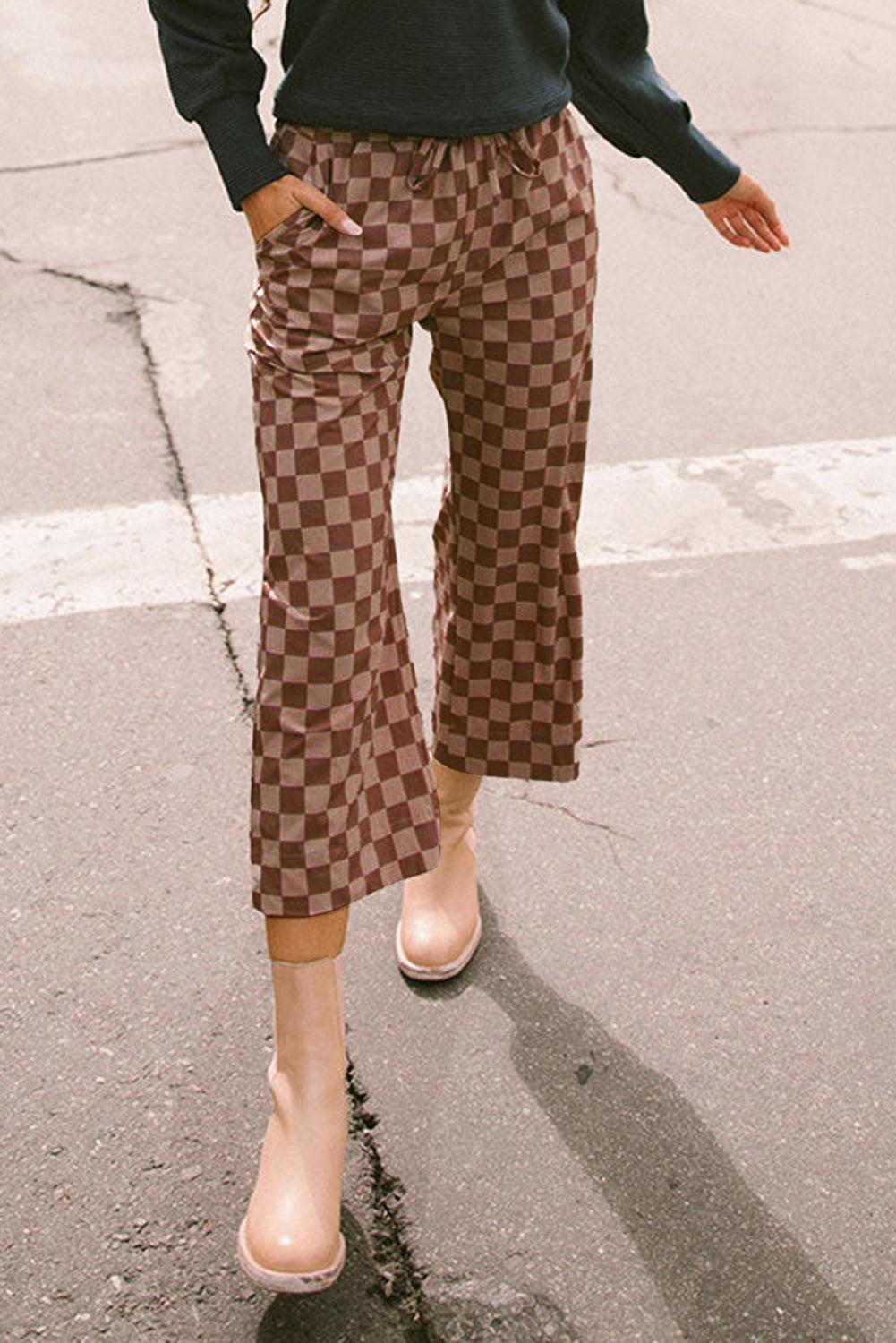 Khaki Checkered Elastic High Waist Loose Casual Pants Pants & Culotte JT's Designer Fashion