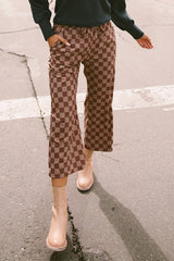 Khaki Checkered Elastic High Waist Loose Casual Pants Pants & Culotte JT's Designer Fashion