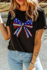 Black Rhinestone Stars and Stripes Bow Graphic Independence Day T Shirt Graphic Tees JT's Designer Fashion