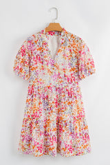 Red Floral Puff Sleeve Notched V Neck Tiered Mini Dress Floral Dresses JT's Designer Fashion