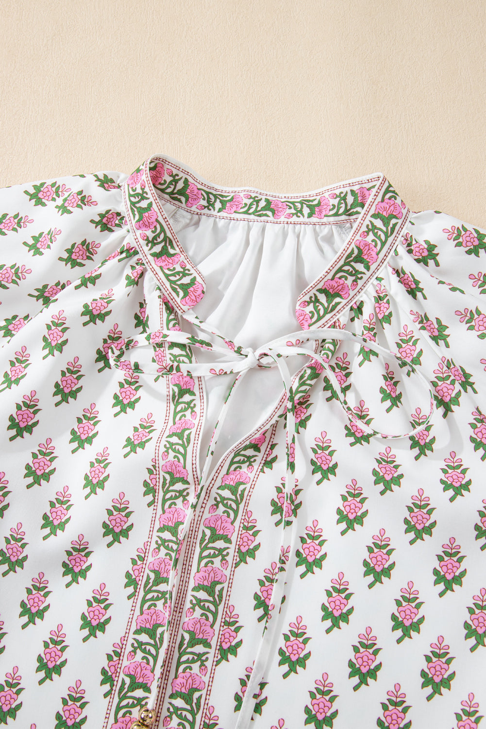 Pink Floral Print Bubble Sleeve Neck Tie Ruffled Dress Floral Dresses JT's Designer Fashion