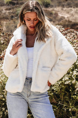Beige Faux Fur Button Pocketed Lapel Collar Jacket Jackets JT's Designer Fashion