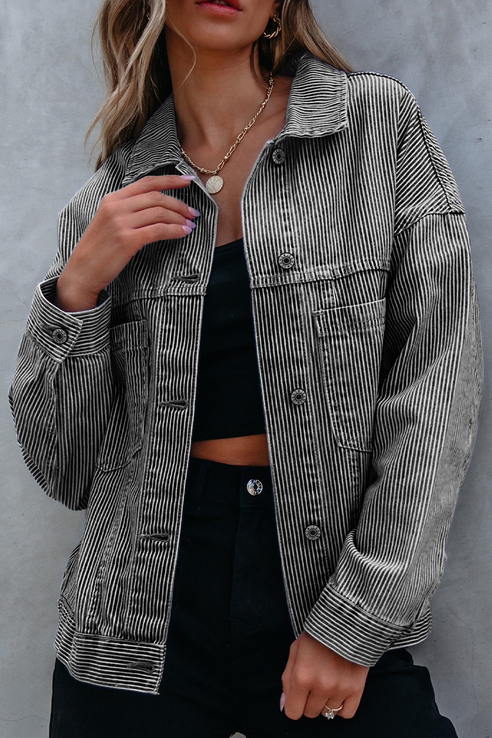 Blue Stripe Washed Oversize Pocketed Denim Jacket Blue Stripe 75%Cotton+25%Polyester Denim Jackets JT's Designer Fashion