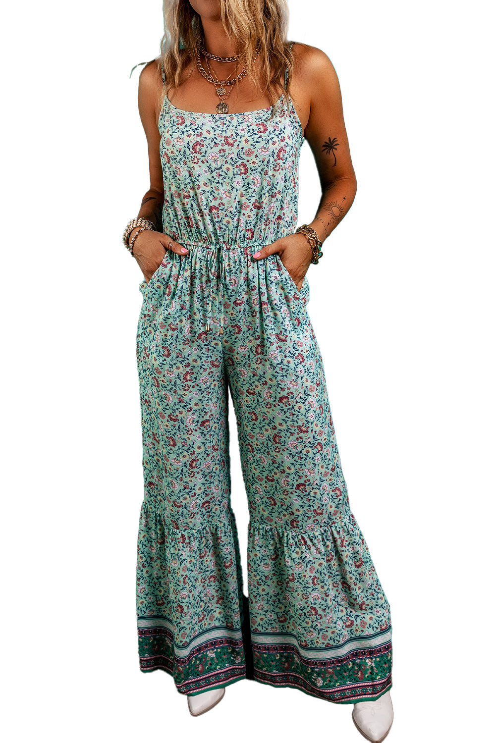 Green Bohemian Floral Ruffle Bottom Spaghetti Strap Jumpsuit Jumpsuits & Rompers JT's Designer Fashion