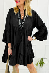 Black Chambray Ruffled 3/4 Sleeve Tiered Split V Neck Mini Dress Mini Dresses JT's Designer Fashion