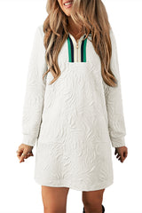 White Jacquard Textured Quarter Zipper Shift Mini Dress Mini Dresses JT's Designer Fashion
