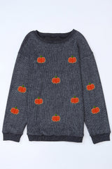 Gray Halloween Pumpkin Graphic Drop Shoulder Ribbed Sweatshirt Graphic Sweatshirts JT's Designer Fashion