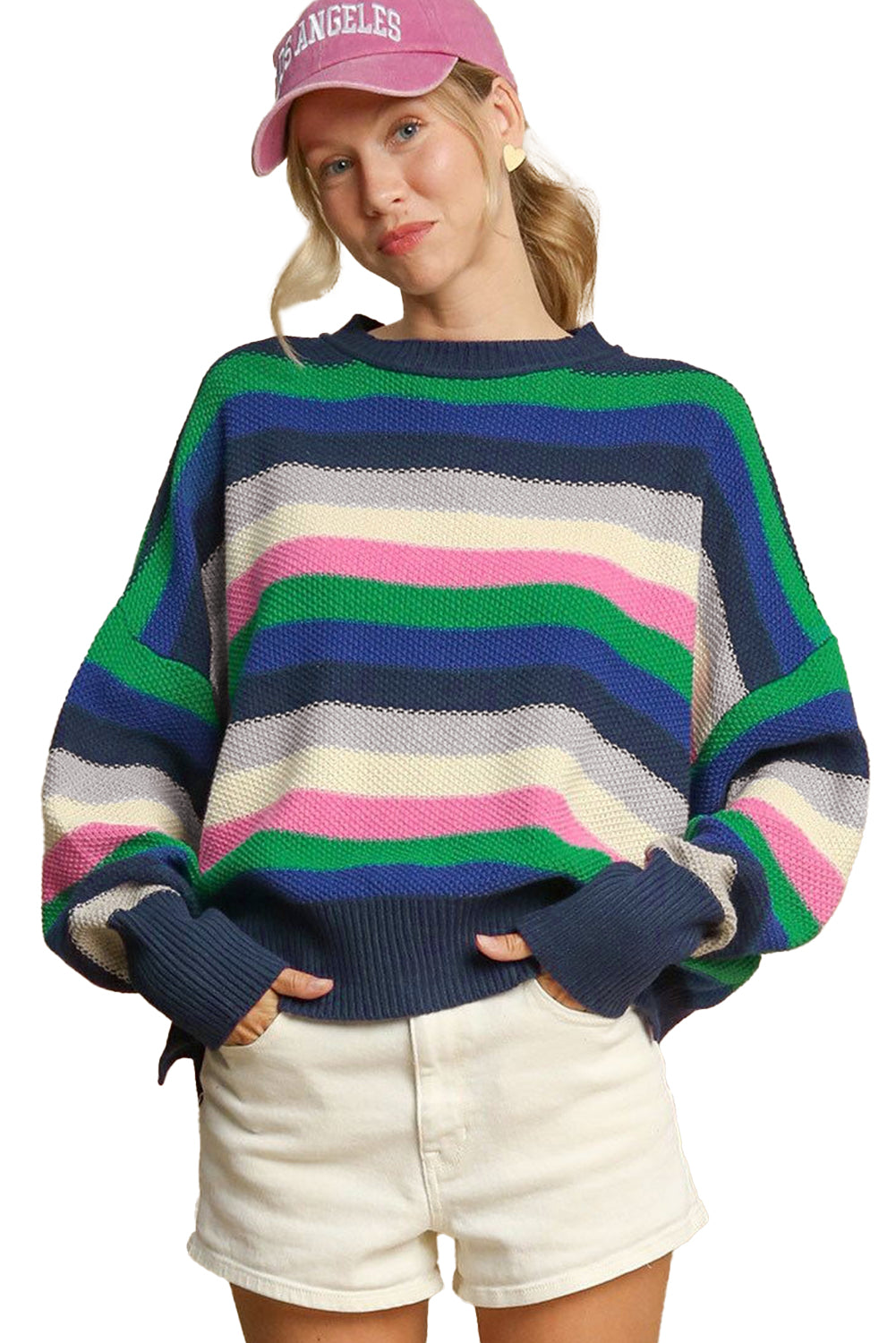 Bright Green Rainbow Striped Crew Neck Drop Shoulder Sweater Sweaters JT's Designer Fashion