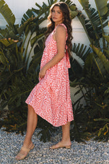 Pink Geometric Print Knot Back Sleeveless Ruffle Hem Dress Midi Dresses JT's Designer Fashion