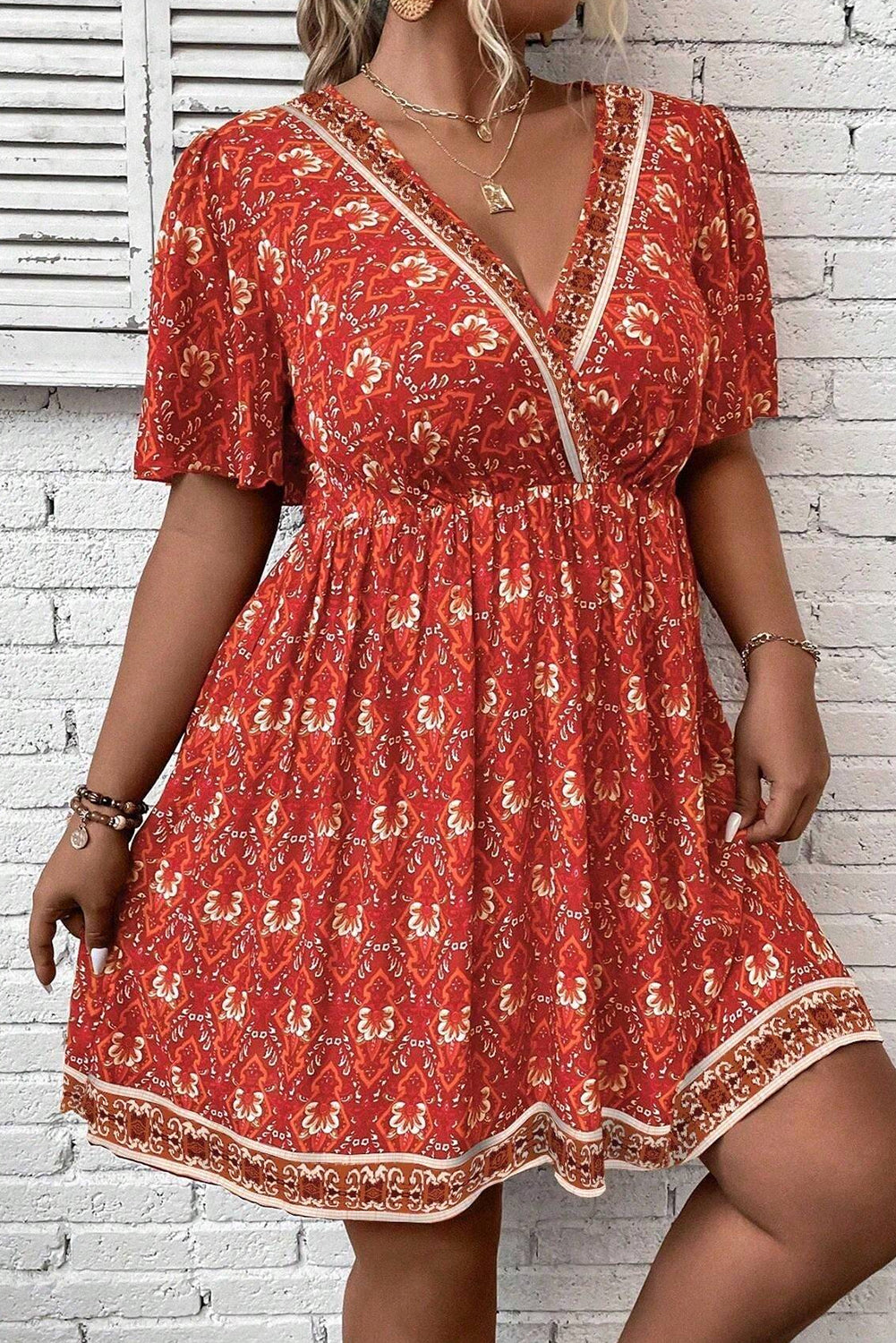 Orange Plus Size Printed Surplice Neck Empire Waist Flowy Mini Dress Plus Size Mini Dresses JT's Designer Fashion