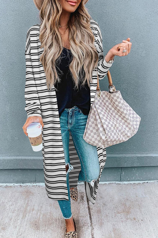 Black Stripe Print Open Front Duster Cardigan Black Stripe 95%Polyester+5%Elastane Cardigans JT's Designer Fashion