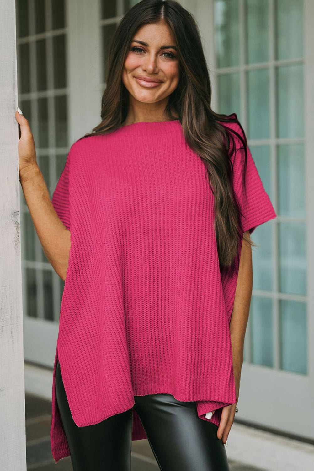 Rose Red Short Sleeve Side Slit Oversized Sweater Sweaters & Cardigans JT's Designer Fashion