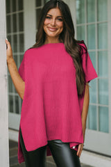 Rose Red Short Sleeve Side Slit Oversized Sweater Sweaters & Cardigans JT's Designer Fashion