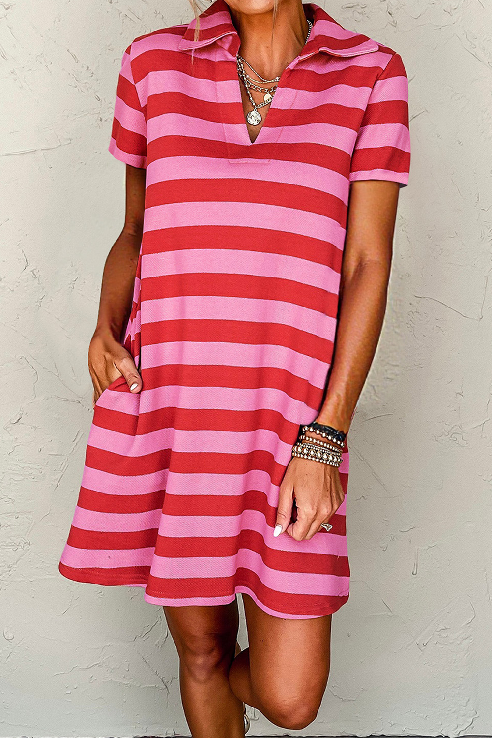 Red Stripe Textured Knit Collared V Neck Shift T Shirt Dress Red Stripe 95%Polyester+5%Elastane T Shirt Dresses JT's Designer Fashion