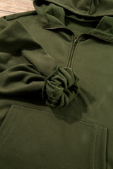 Moss Green Fleece Lined Half Zipper Kangaroo Pockets Loose Hoodie Sweatshirts & Hoodies JT's Designer Fashion