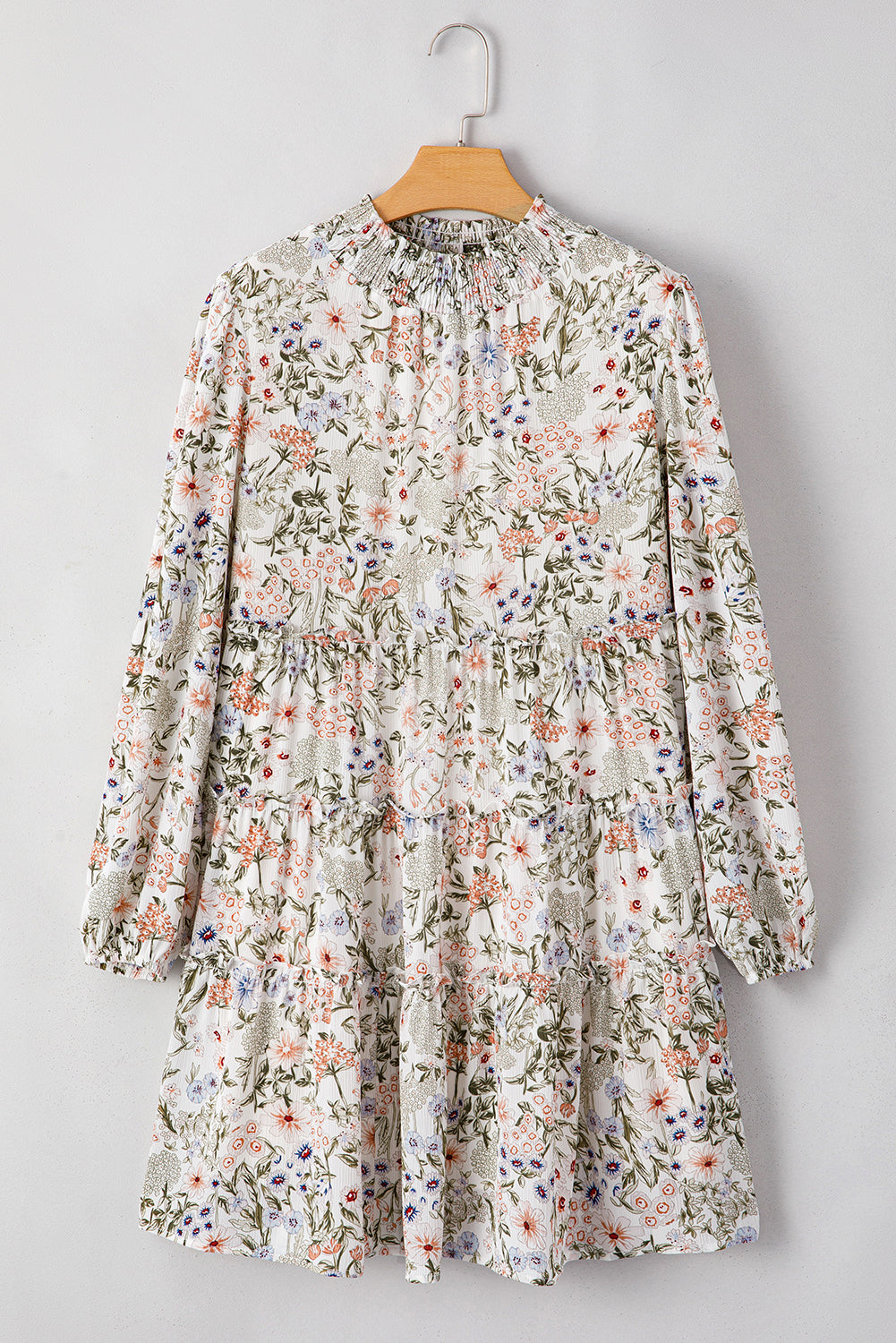 Green Floral Print Tiered Frilled Shirred Mock Neck Mini Dress Floral Dresses JT's Designer Fashion
