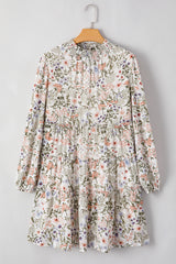 Green Floral Print Tiered Frilled Shirred Mock Neck Mini Dress Floral Dresses JT's Designer Fashion