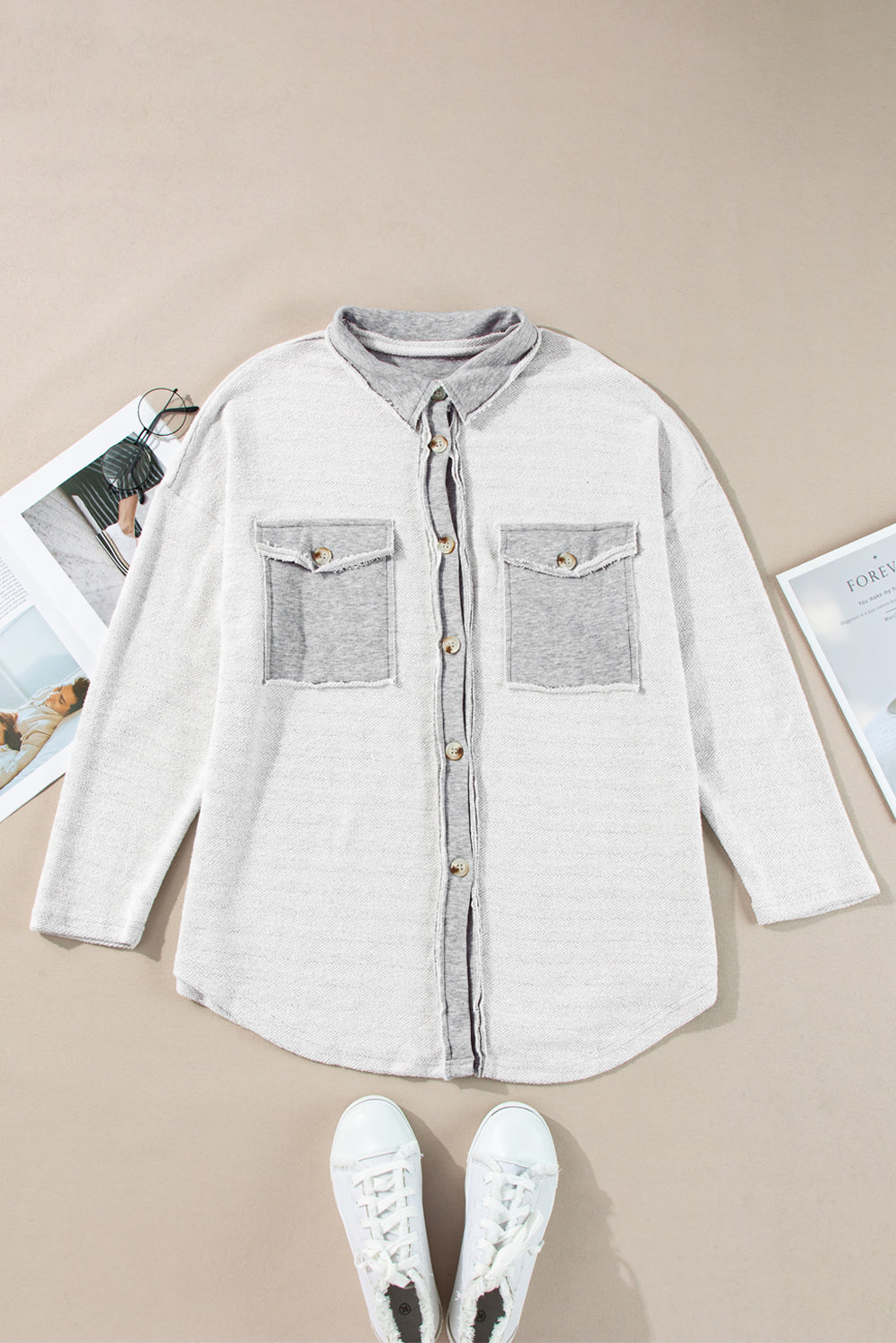 Gray Contrast Flap Pockets Relaxed Shacket Jackets JT's Designer Fashion
