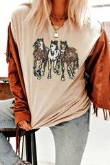 Khaki Sequin Horses Patched Casual Crewneck T Shirt Graphic Tees JT's Designer Fashion