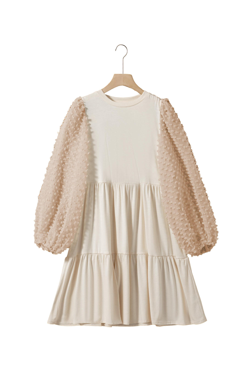 Beige Embellished Puff Sleeve Tiered A-line Dress Mini Dresses JT's Designer Fashion