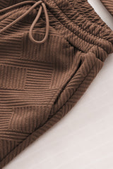 Brown Textured Long Sleeve Top and Drawstring Shorts Set Short Sets JT's Designer Fashion
