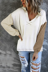 Khaki Colorblock V Neck Long Sleeve Hoodie Sweatshirts & Hoodies JT's Designer Fashion