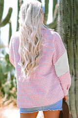 Pink Houndstooth Color Contrast Textured Patchwork Loose Shacket Jackets JT's Designer Fashion