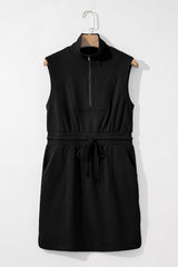 Black French Terry Zipped Collar Sleeveless Drawstring Waist Mini Dress Mini Dresses JT's Designer Fashion