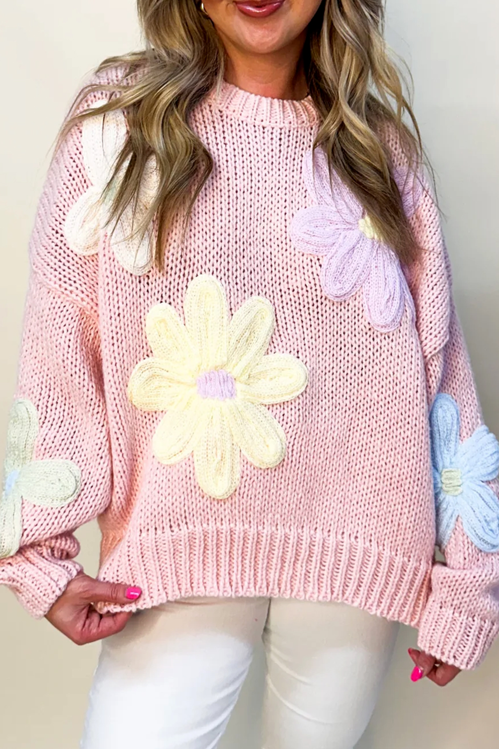 Pink Petals & Threads Embroidered Floral Sweater Pink 60%Cotton+40%Acrylic Sweaters JT's Designer Fashion