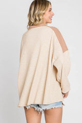 Apricot Oversized Knit Top With Waffle Contrast Long Sleeve Tops JT's Designer Fashion