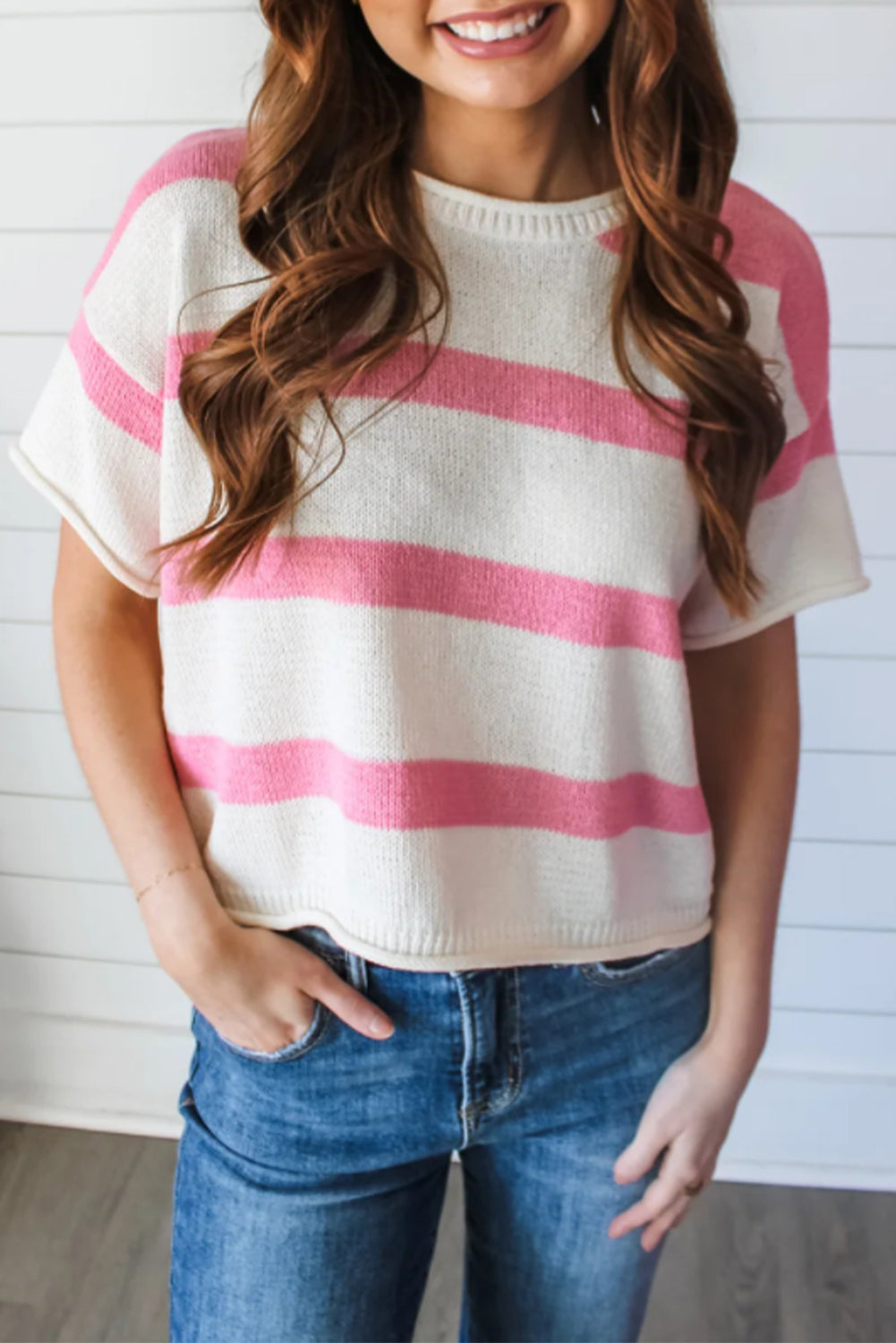 Pink Stripe Dropped Short Sleeve Lightweight Knitted Top Sweaters & Cardigans JT's Designer Fashion