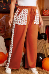 Gold Flame Plus Size Floral Crochet Patch Drawstring Wide Leg Pants Plus Size Bottoms JT's Designer Fashion